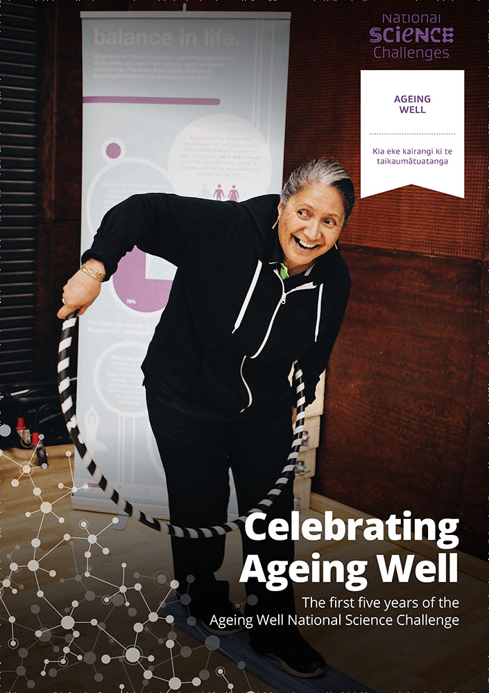 Photo of the cover of the book 'Celebrating Ageing Well', featuring an energetic and happy looking older woman trying to balance on a foam block with a hula hoop around her waist. 